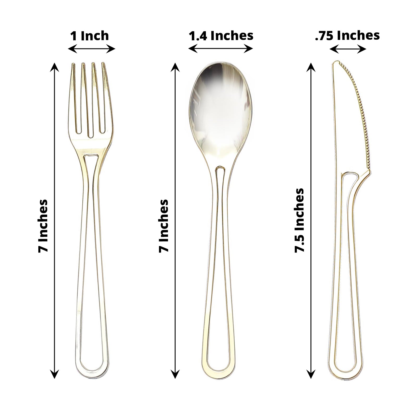 7" Gold disposable plastic utensils set with forks, spoons, and knives.