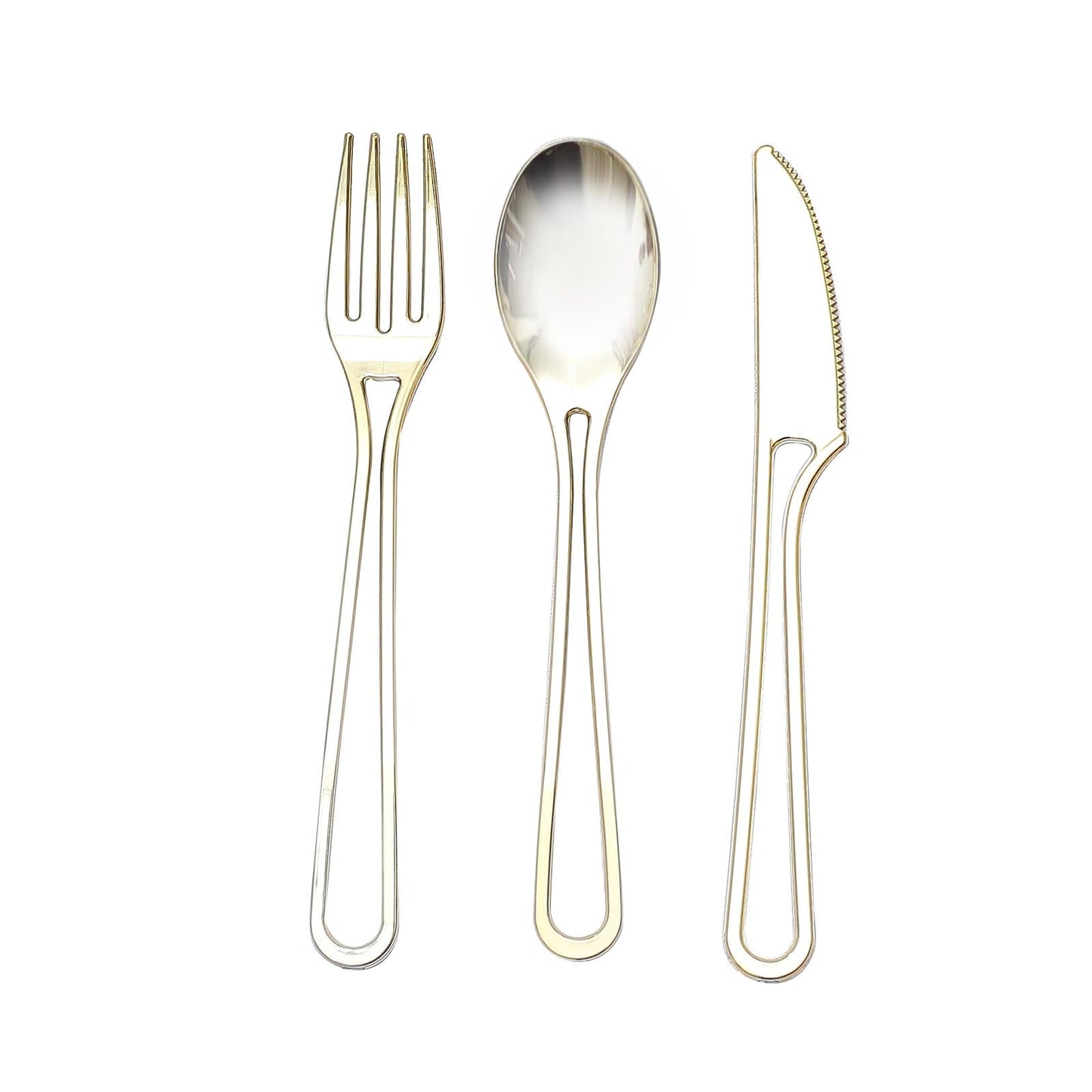 Gold plastic disposable utensils set including fork, spoon, and knife.