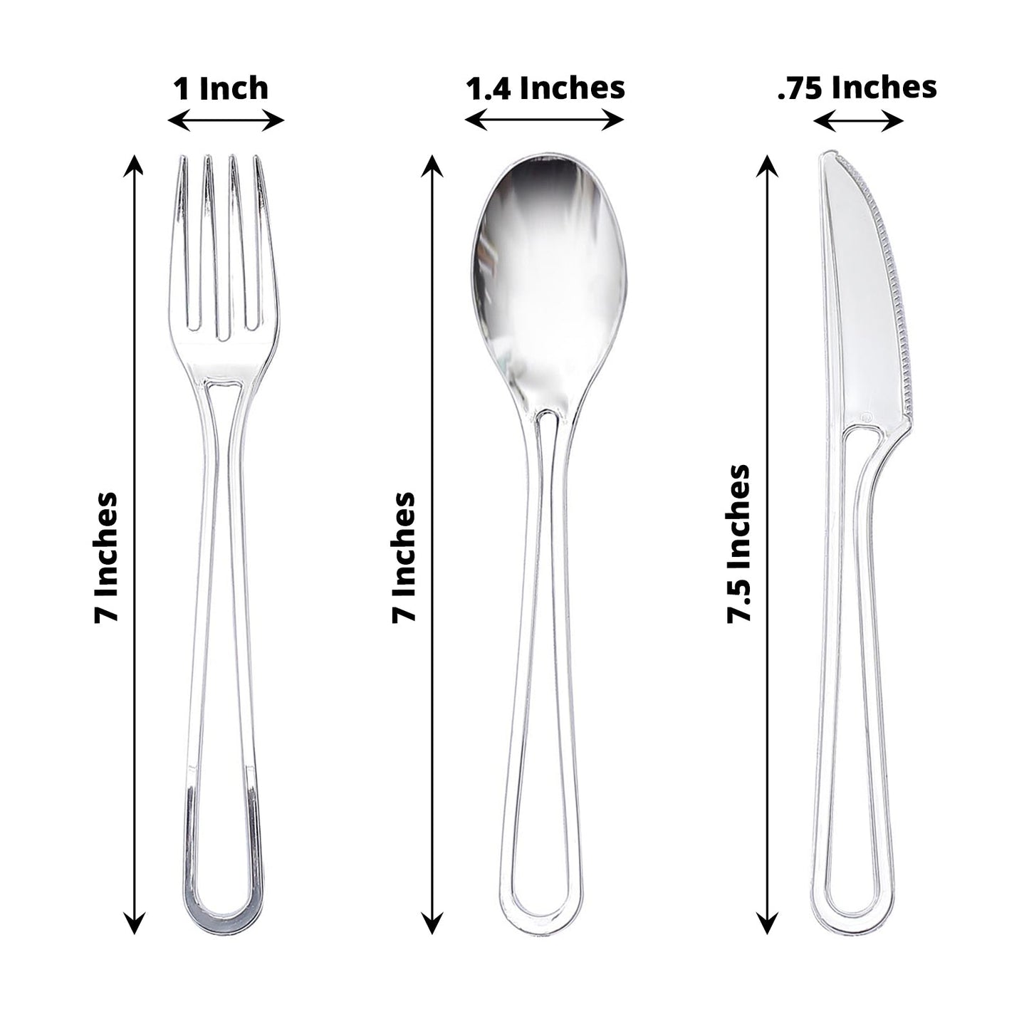 7" Silver plastic utensil set, including forks, spoons, and knives, 24 pack.