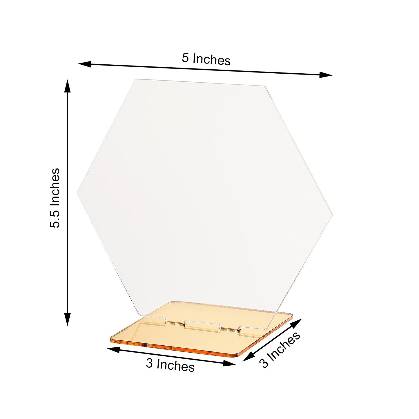 Clear and gold acrylic hexagon table sign holder, 5 inches.