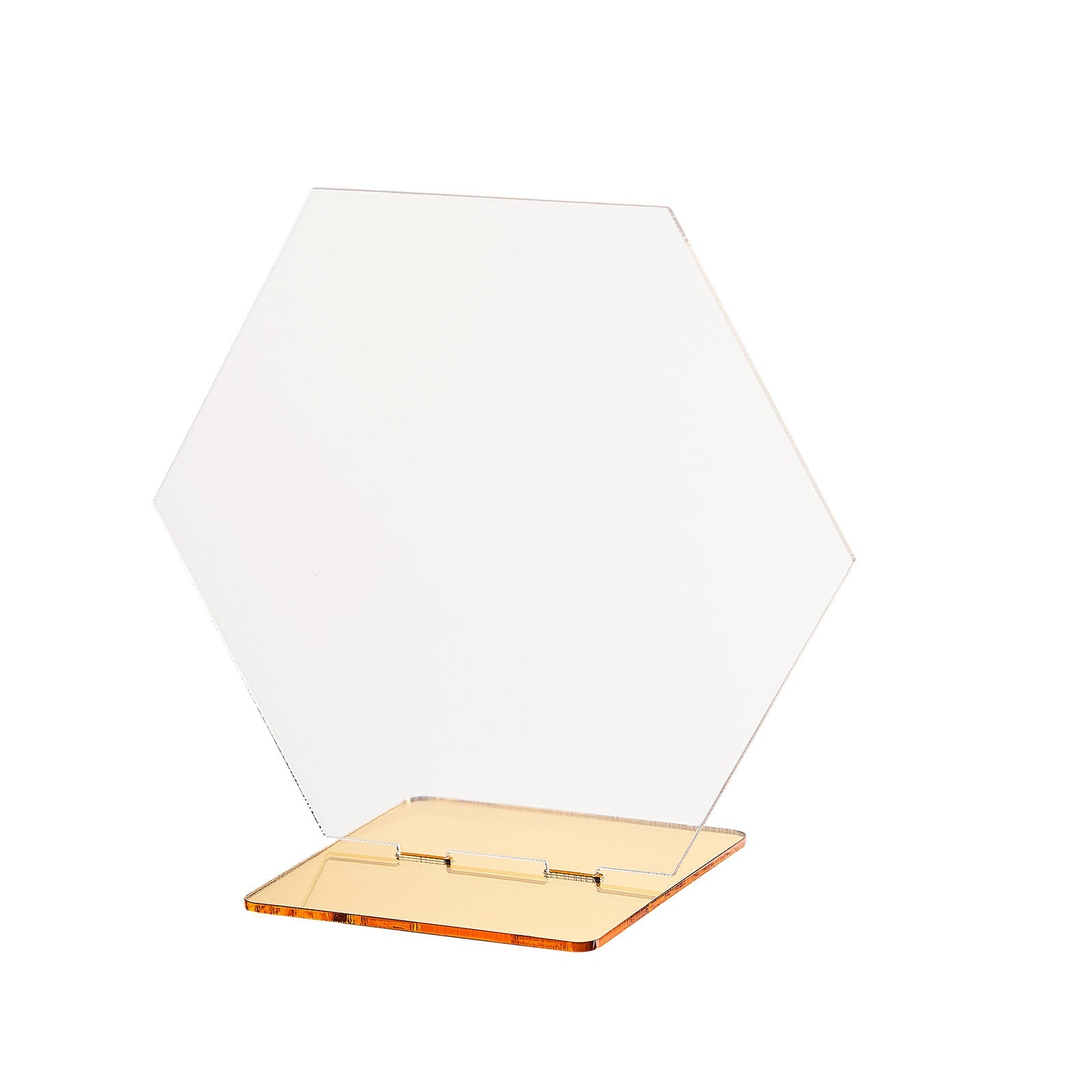 Clear and gold acrylic hexagon wedding table sign holder.
