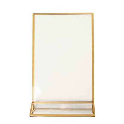 Gold acrylic freestanding table sign holder for double-sided displays.