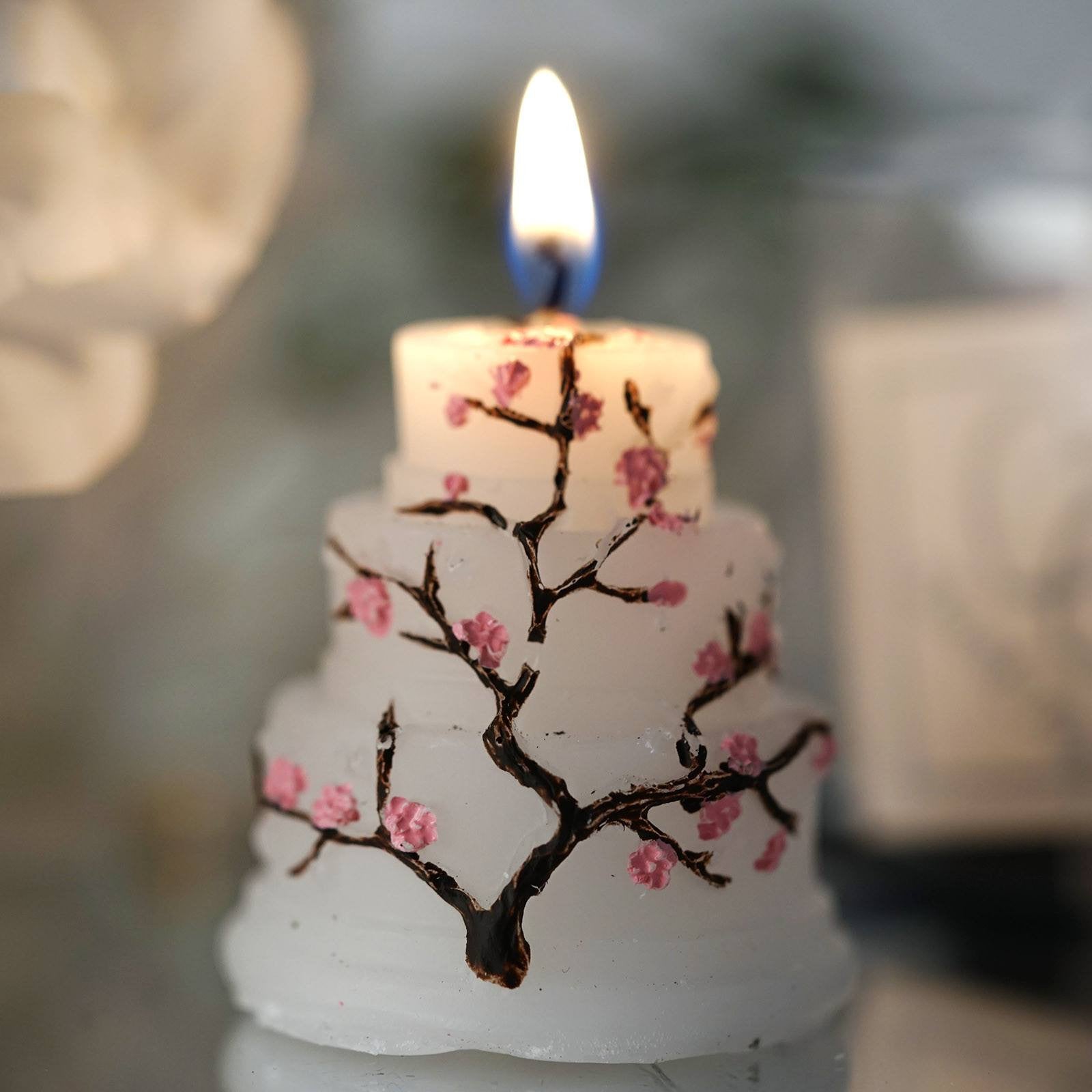 2inch Gift Wrapped Cherry Blossom Wedding Cake Candle Favor With Thank You Tag