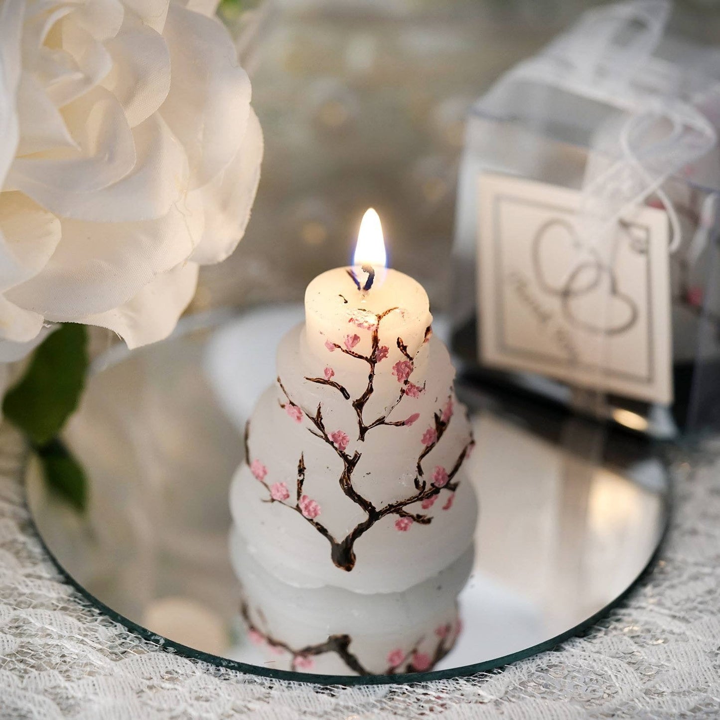 2" Gift Wrapped Cherry Blossom Wedding Cake Candle Favor With Thank You Tag
