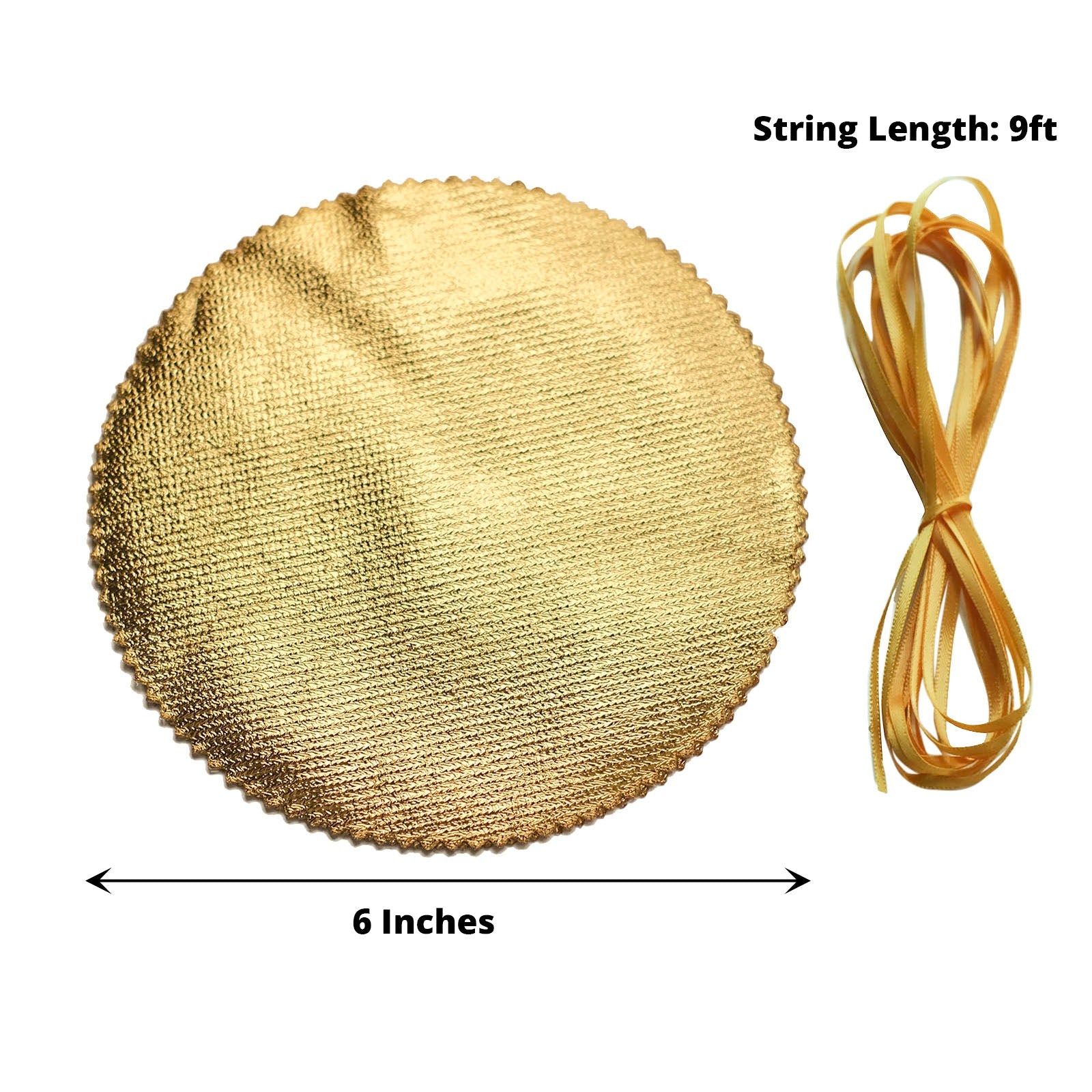 Metallic gold round jar covers with satin tie string, DIY craft supplies.