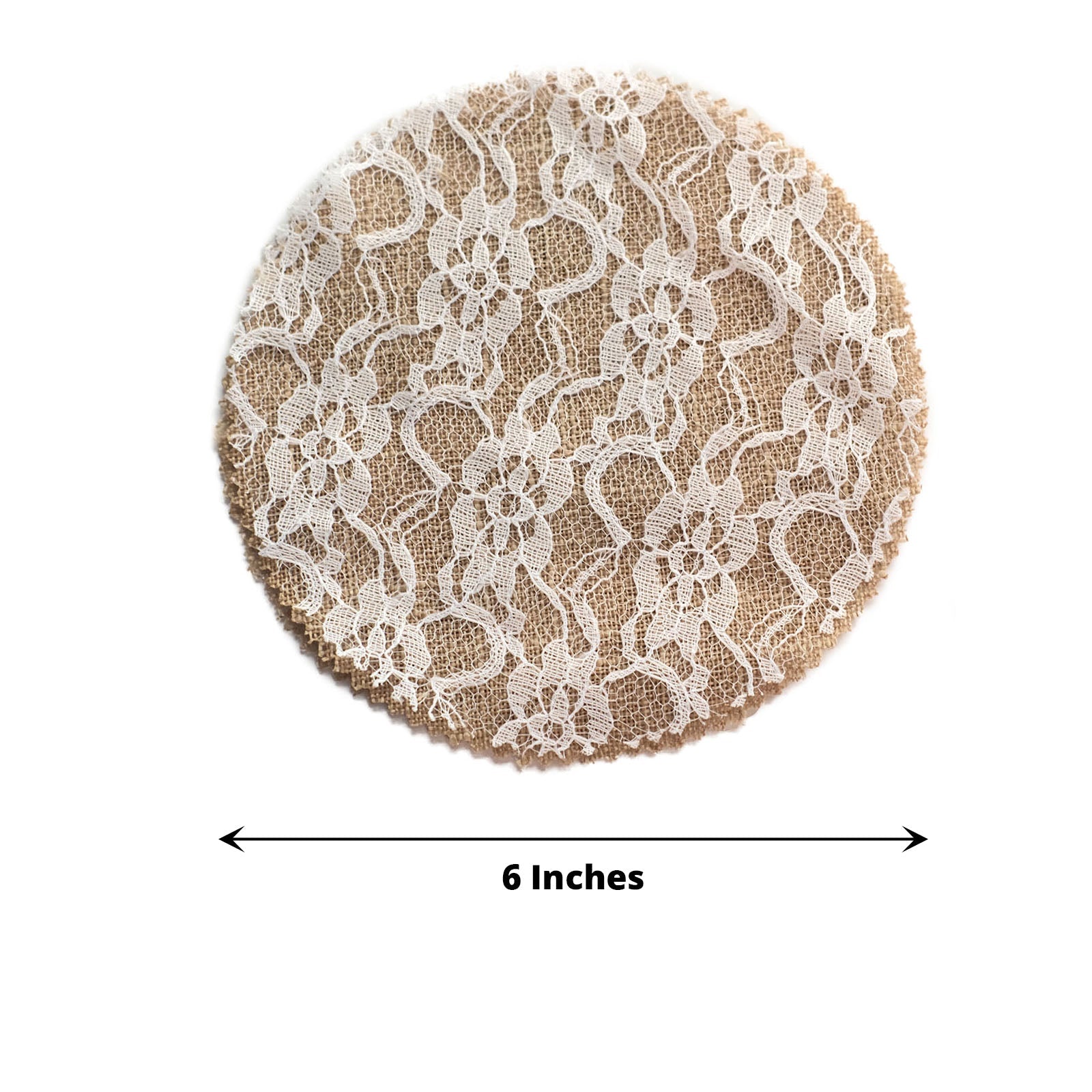 Rustic burlap and white lace mason jar lid cover, 6 inches in diameter.