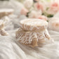 Rustic burlap and white lace mason jar lid covers with jute string.