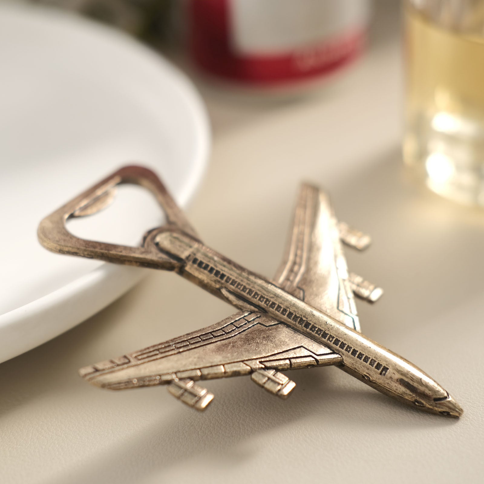 Metal Airplane Bottle Opener In Antique Gold Gift Box 4 Inch