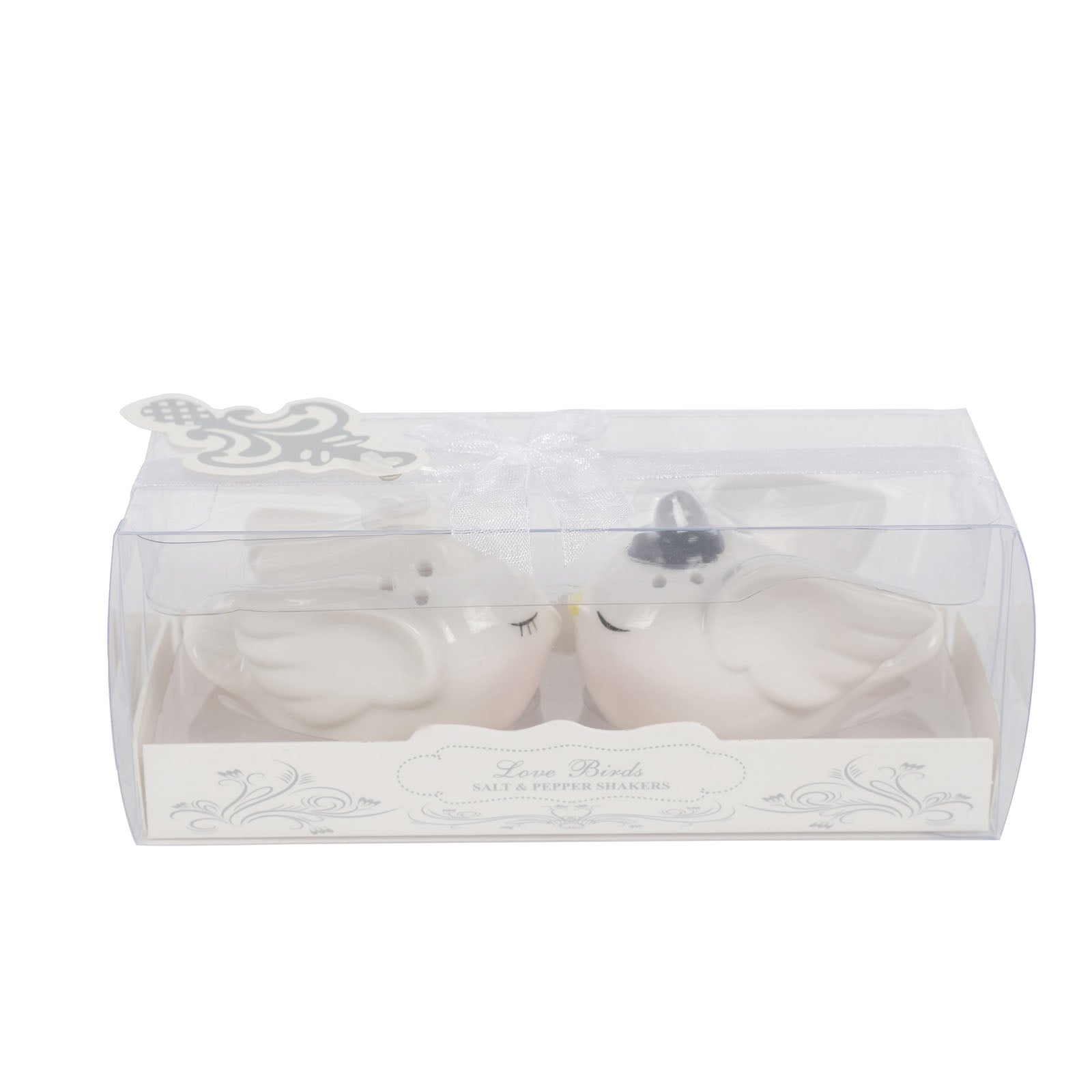 White bride and groom love birds salt and pepper shakers in gift box.