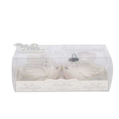White bride and groom love birds salt and pepper shakers in gift box.