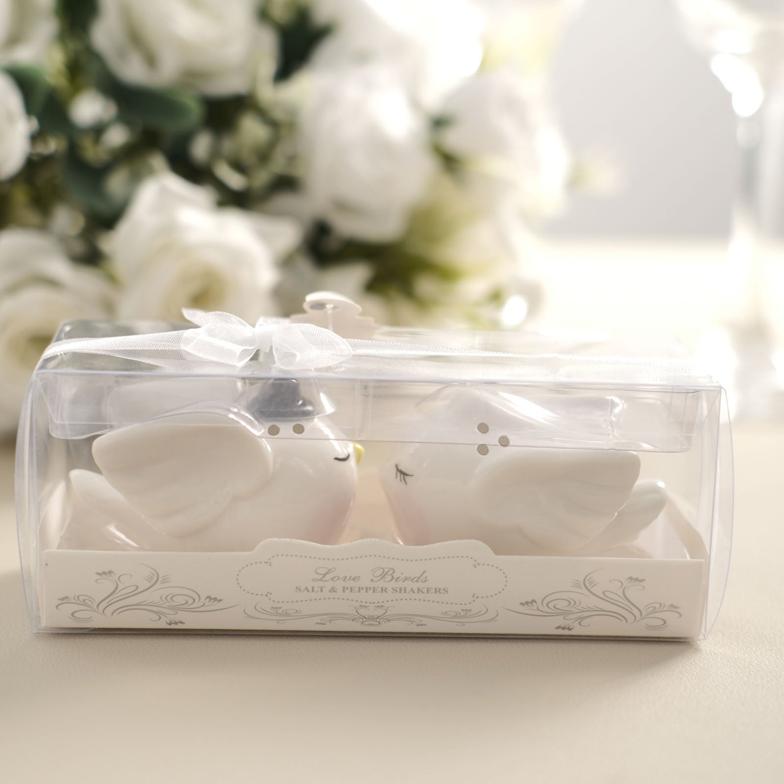 White love birds salt and pepper shakers in a gift box for weddings.