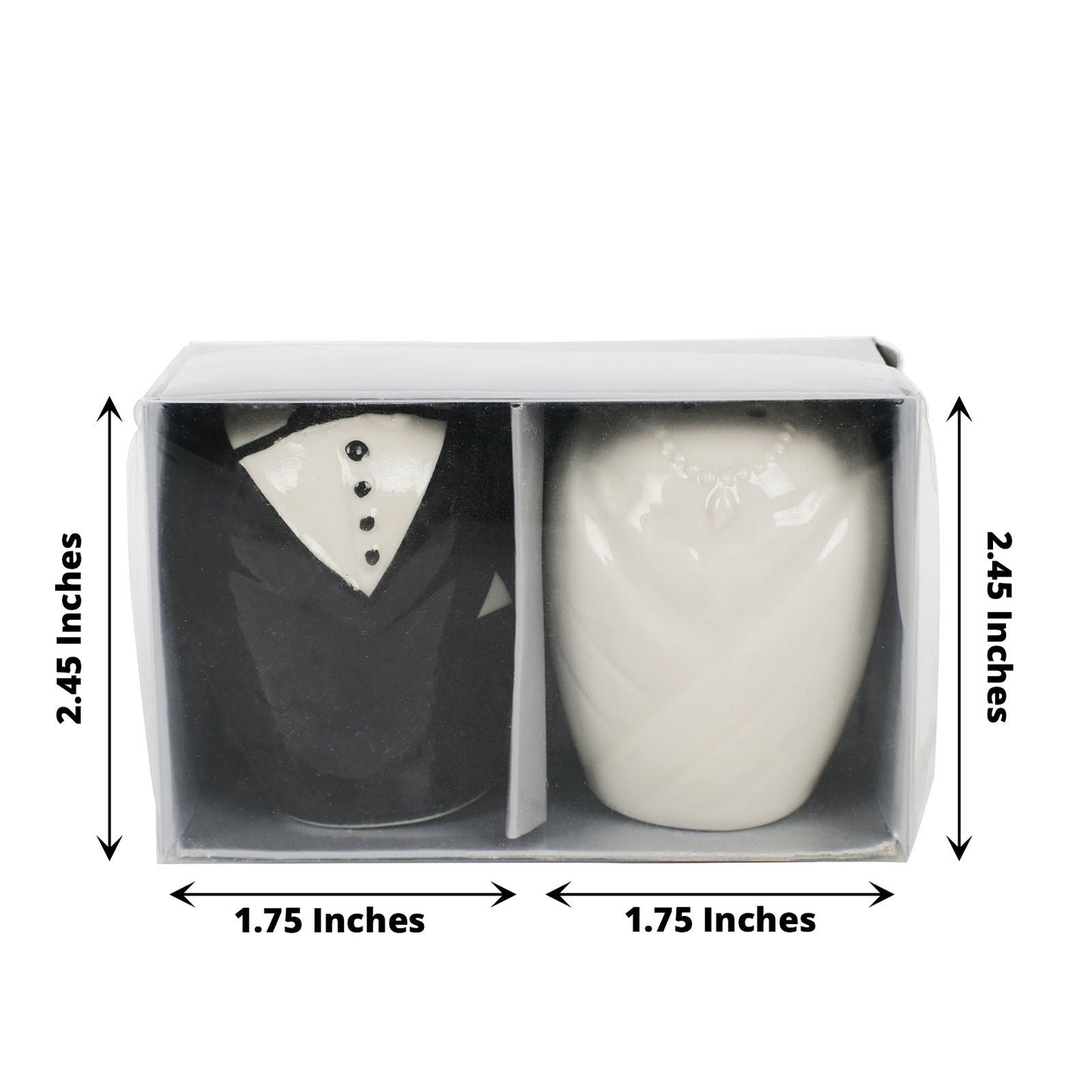 Bride and groom ceramic salt and pepper shaker set in gift box.