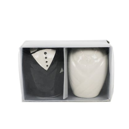 Bride and groom ceramic salt and pepper shakers in black and white gift box.