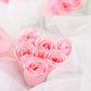 Blush pink rose soap heart shaped party favors in gift boxes with ribbon.