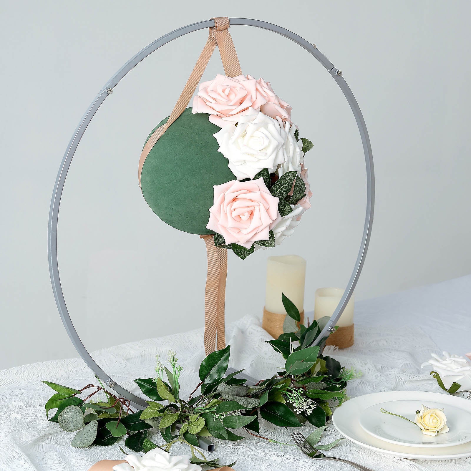 8" green floral foam ball adorned with pink and white roses in a hanging arrangement.