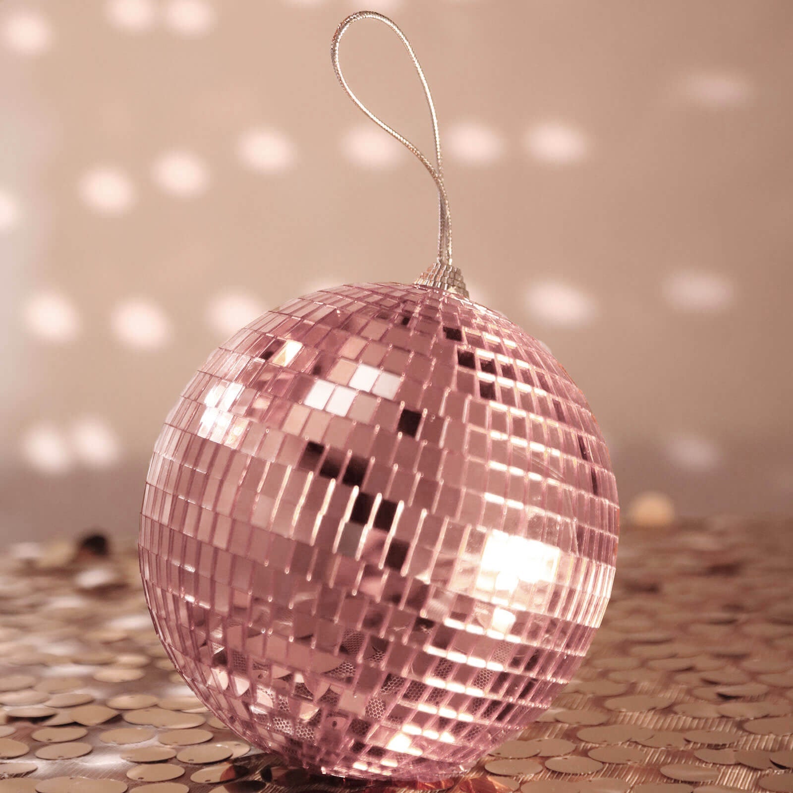 6inch Blush / Rose Gold Foam Disco Mirror Ball With Hanging Strings, Holiday Christmas Ornaments