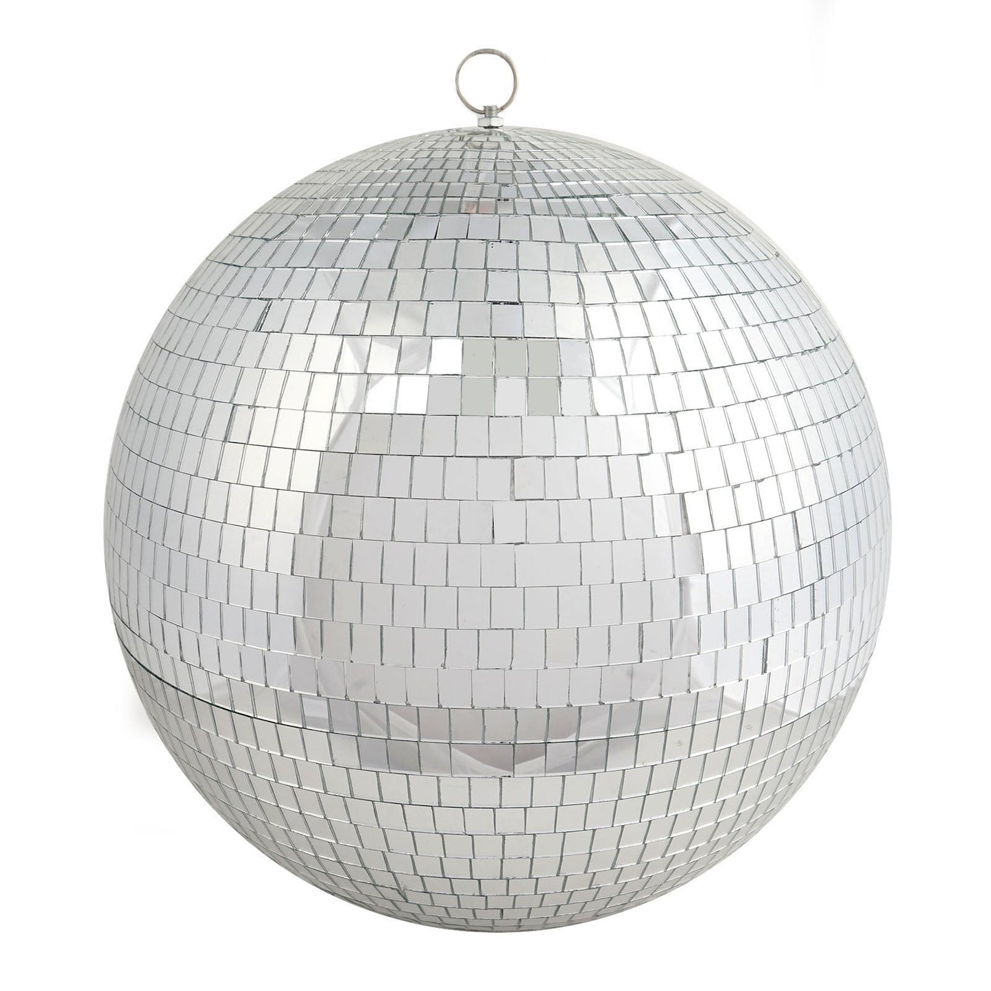 16" large silver foam disco mirror ball with hanging swivel ring.