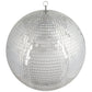 Large silver disco mirror ball with hanging swivel ring. Perfect for holiday party decor.