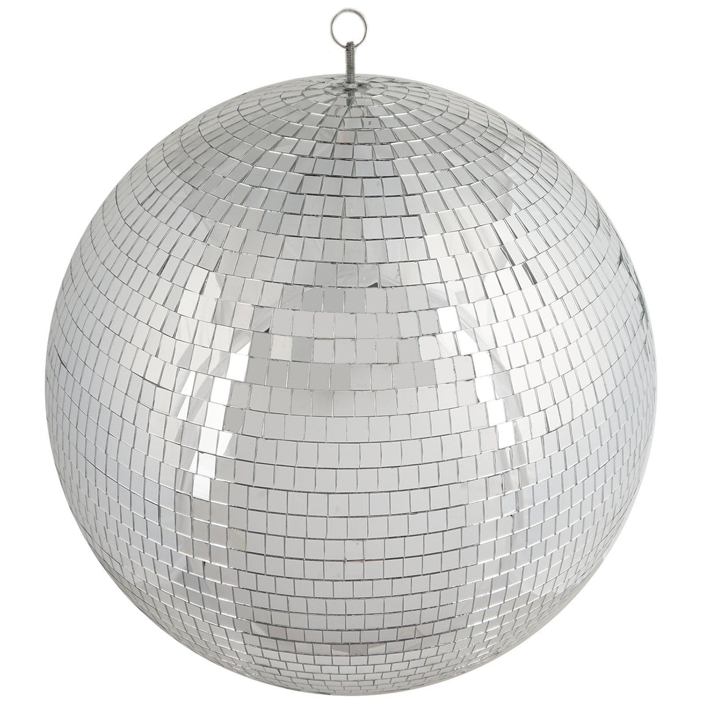 Large silver disco mirror ball with hanging swivel ring. Perfect for holiday party decor.