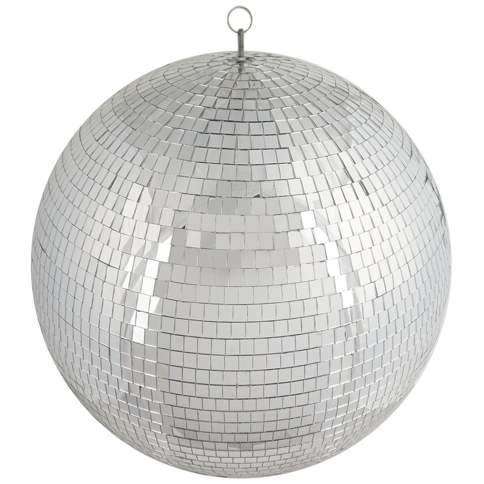 Large silver disco mirror ball with hanging swivel ring. Perfect for holiday party decor.