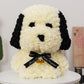 White 3D modeling styrofoam puppy with black accents and a decorative ribbon.