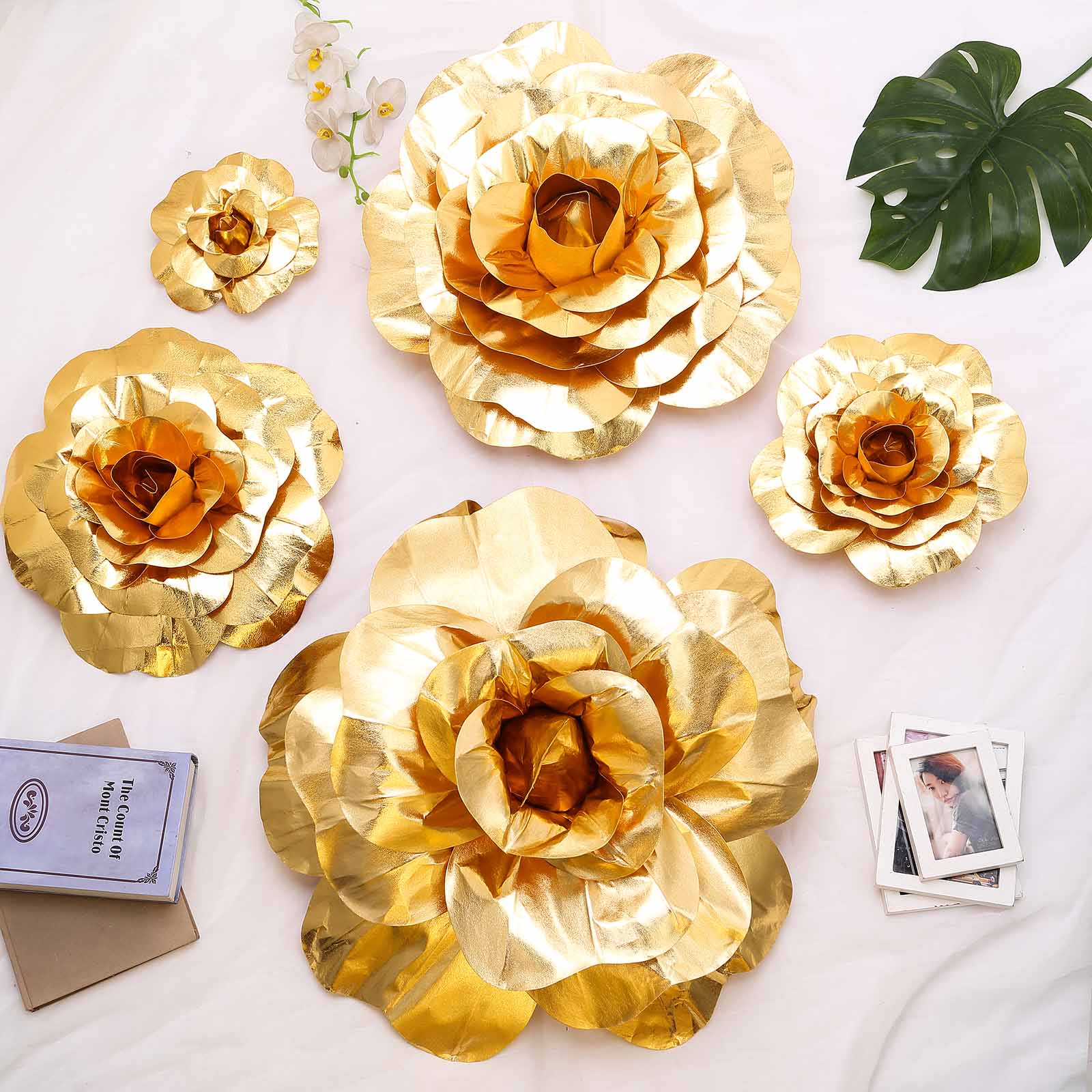 Metallic gold real touch artificial foam DIY craft roses, 6 pack.