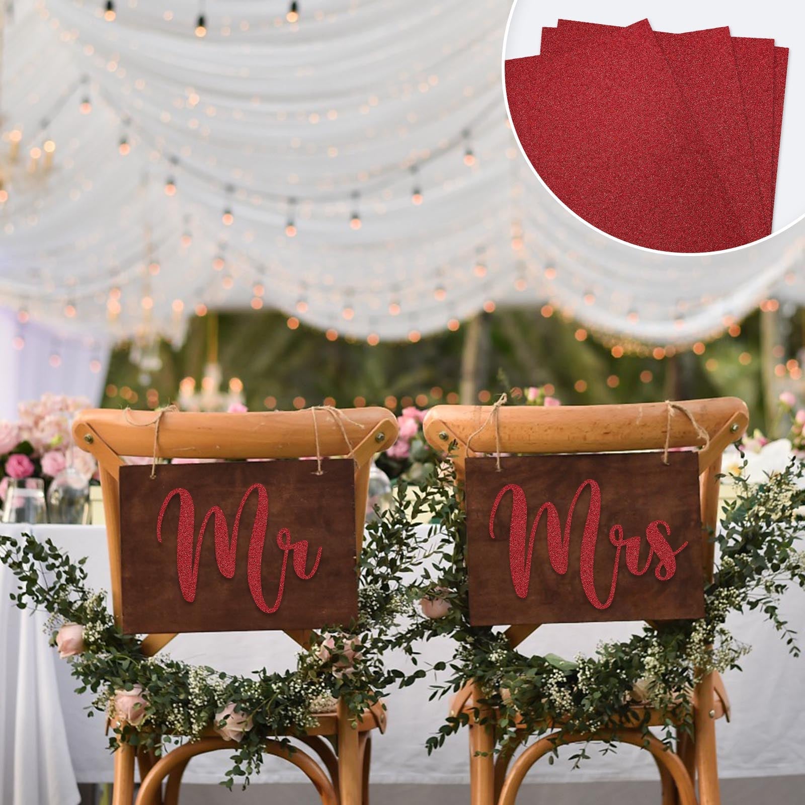 Burgundy self-adhesive glitter craft foam sheets on decorated chairs.