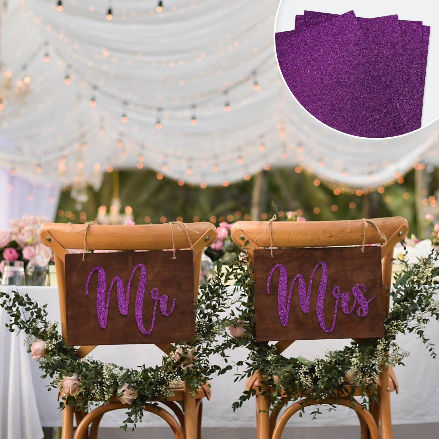 Purple self-adhesive glitter craft foam sheets for DIY projects.