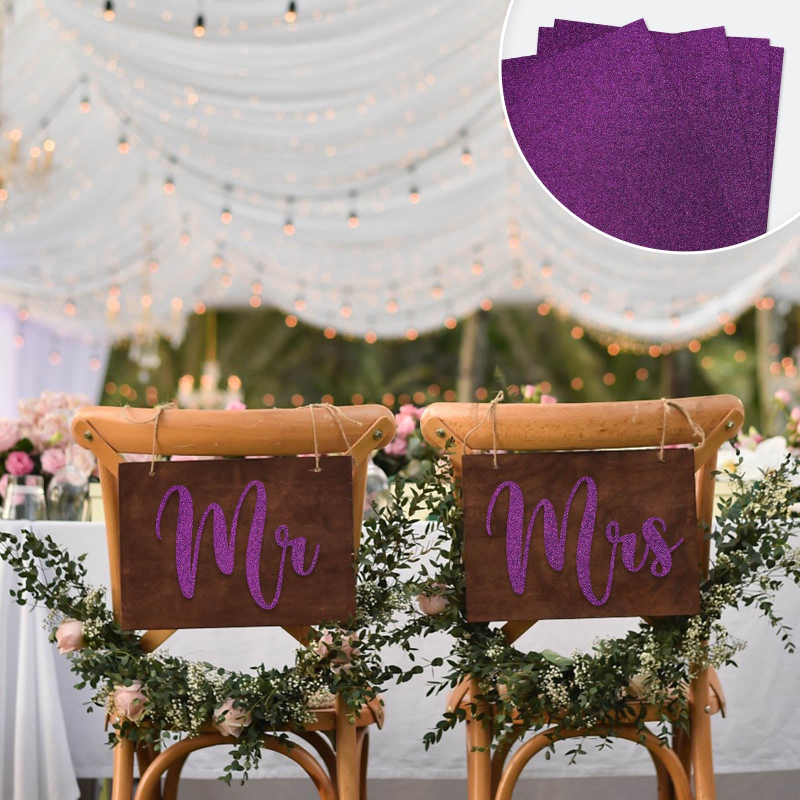 Purple self-adhesive glitter craft foam sheets for DIY projects.