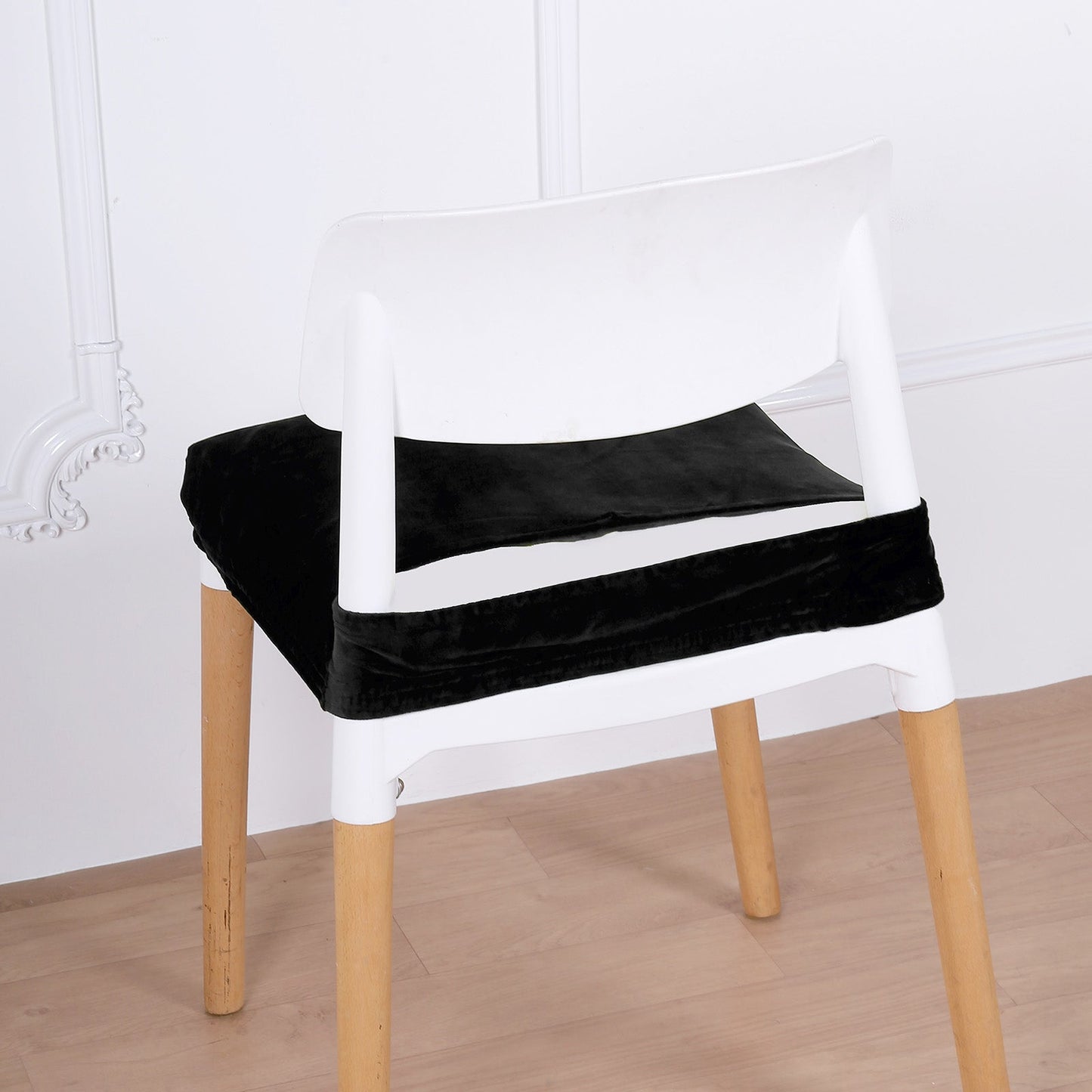 Velvet Dining Chair Seat Stretch Cover With Ties In Black 