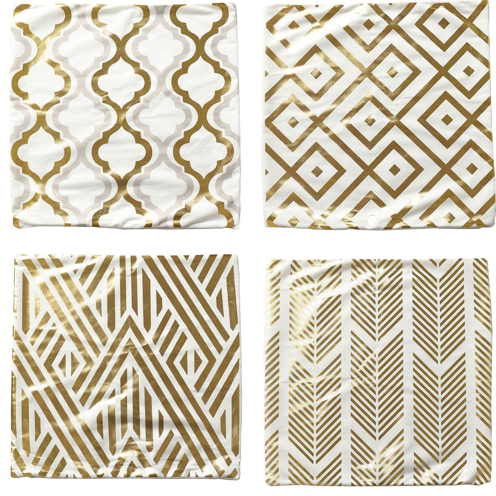 Set of 4 white and gold foil geometric print throw pillow covers.