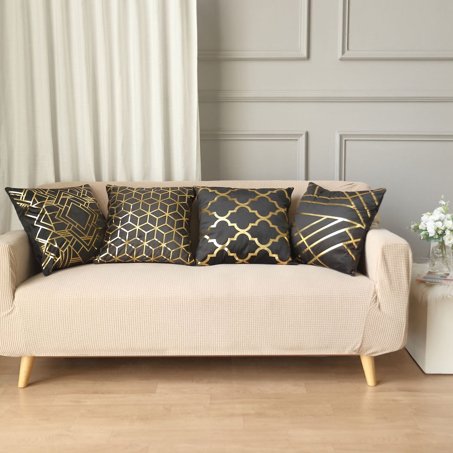 18 Inch Black Square Velvet Cushion Covers With Gold Foil Geometric Print