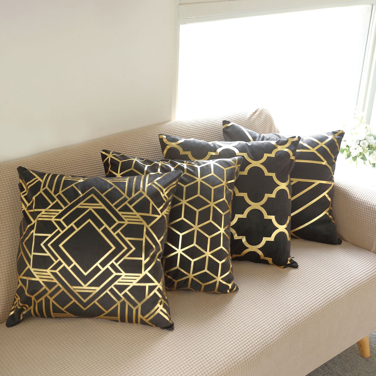 Black Velvet Cushion Covers With Gold Foil Geometric Print 18 Inch