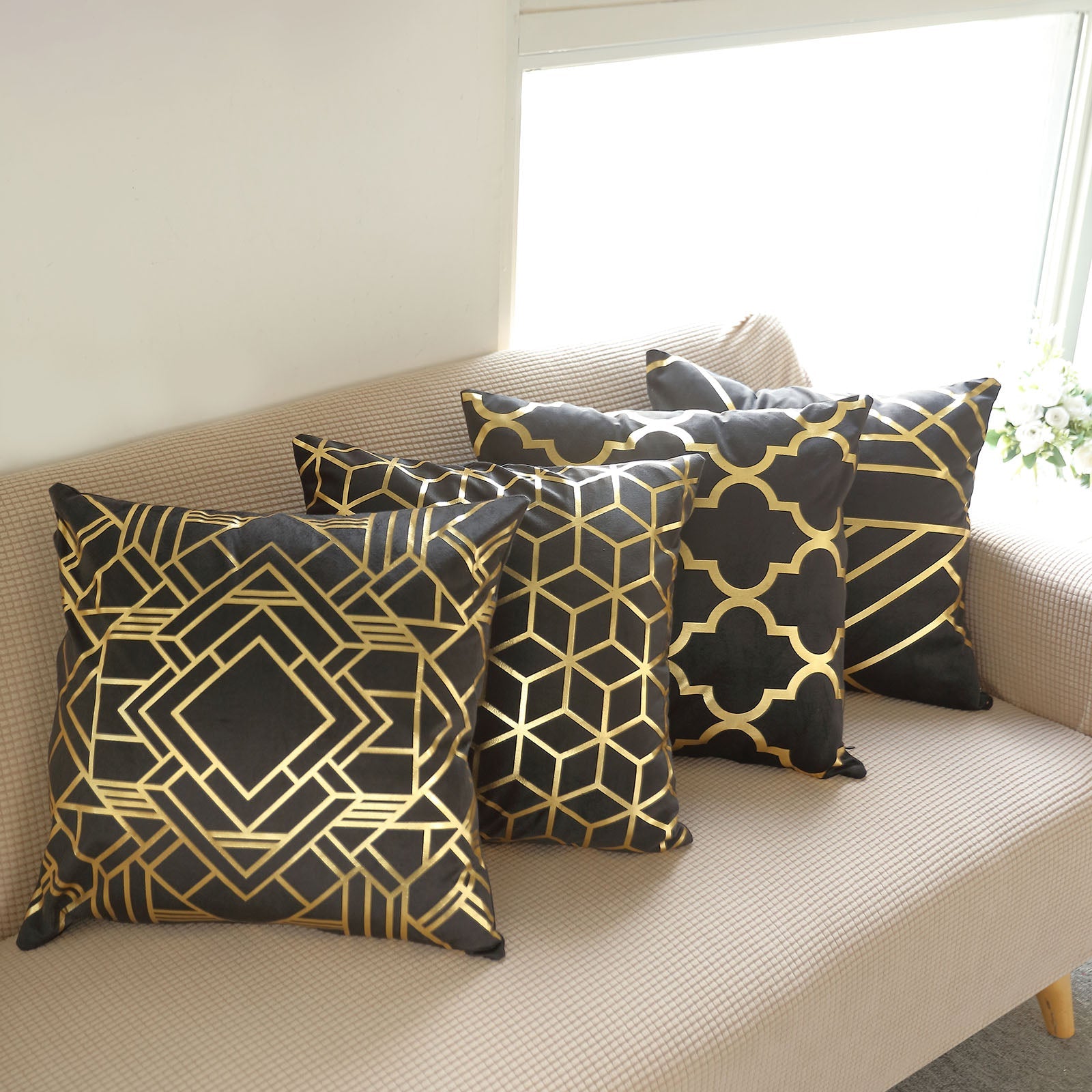 Black Velvet Cushion Covers With Gold Foil Geometric Print 18 Inch