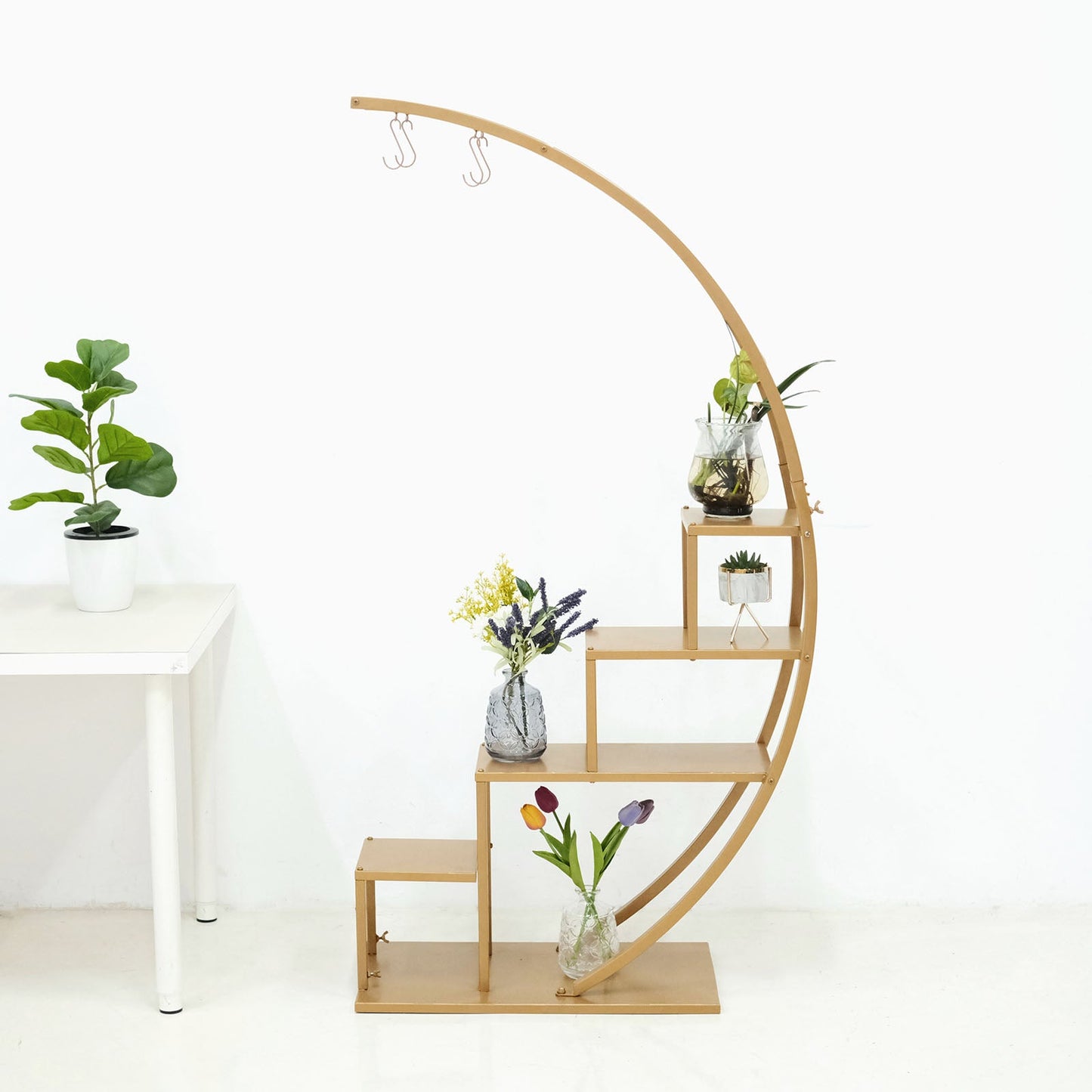 4.5ft Gold Metal 4-Tier Half Moon Plant Shelf Rack With Hanging Hooks, Cupcake Dessert Display Stand