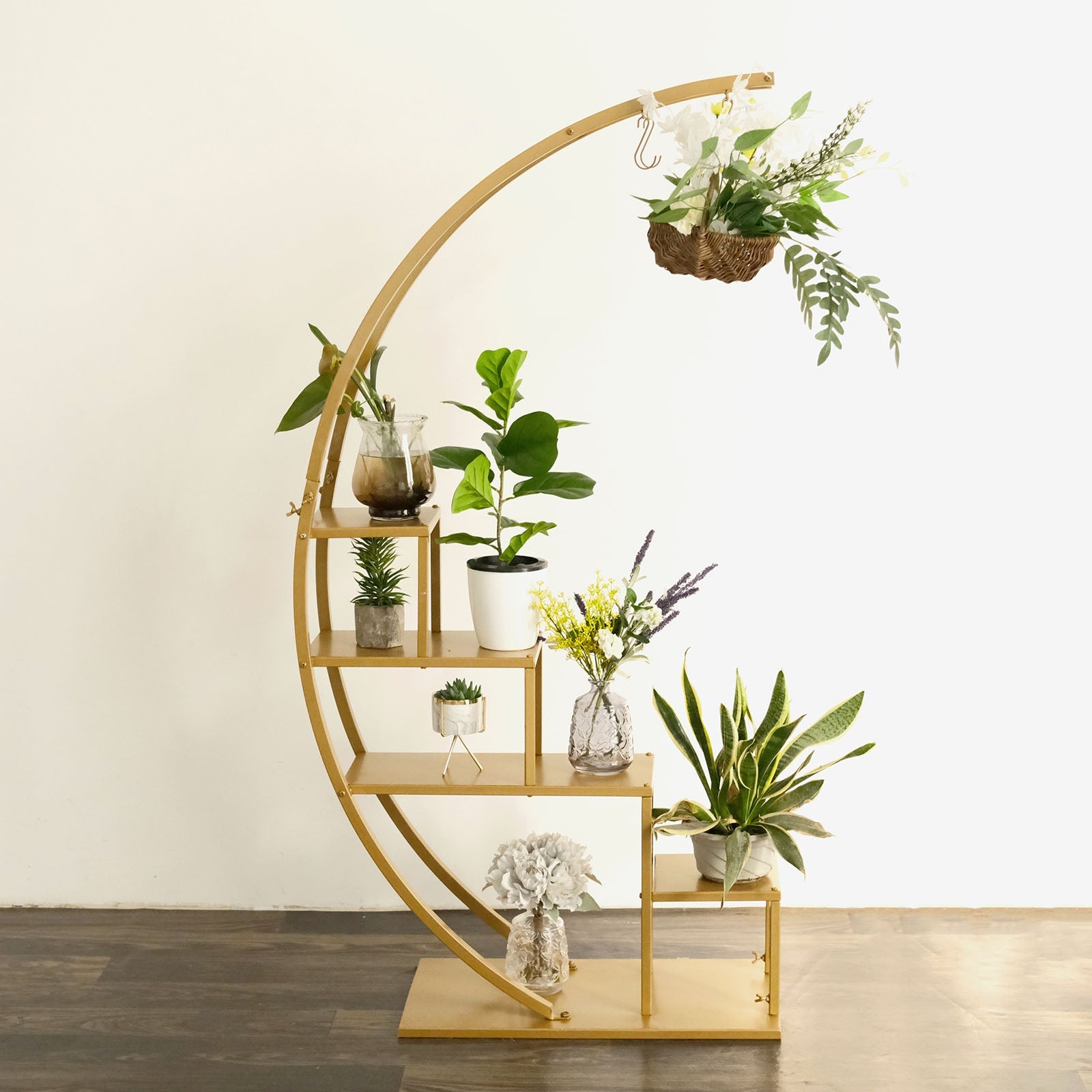 Gold 4-Tier Metal 4.5 Feet Half Moon Plant Rack With Hanging Hooks