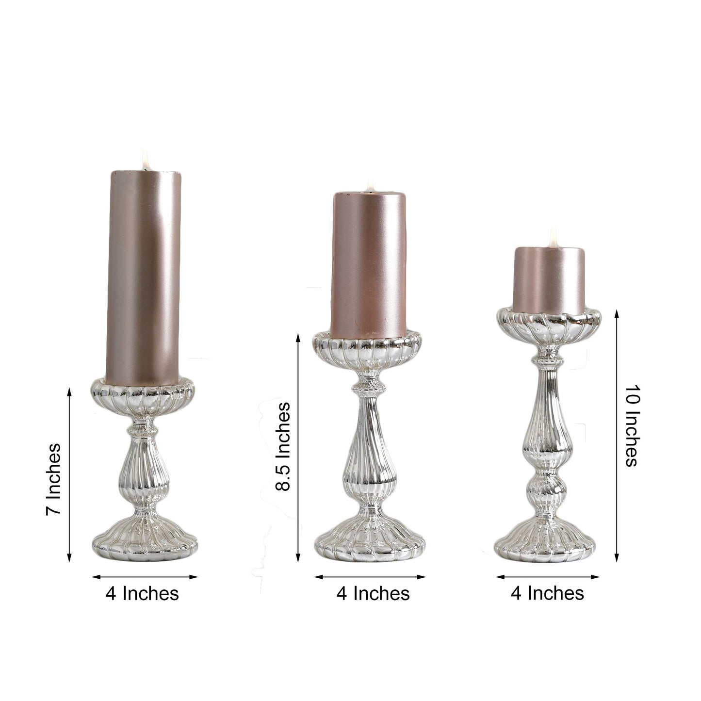 Mercury silver glass candle holder set of 3, 7", 8.5", 10" tall.