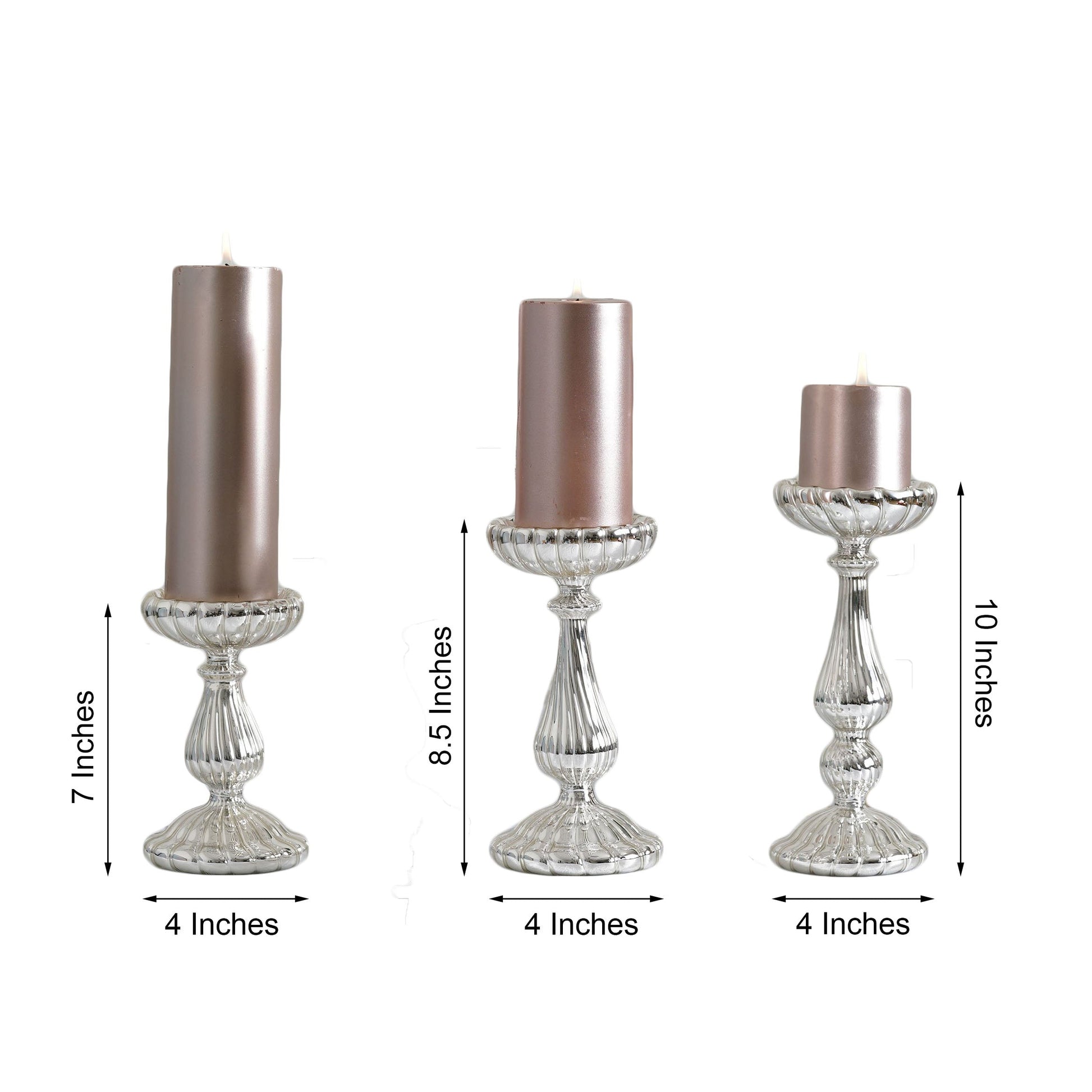 Mercury silver glass candle holder set of 3, 7", 8.5", 10" tall.