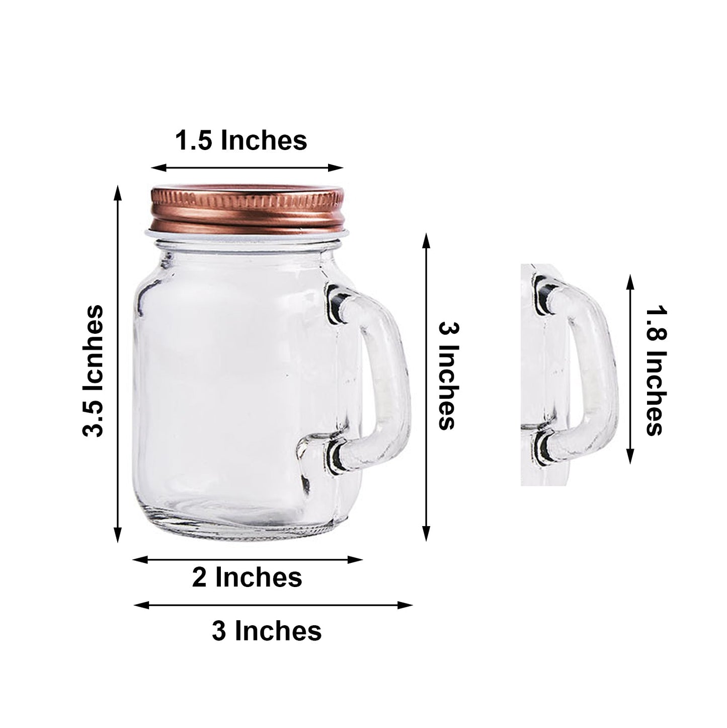 Rustic clear glass mason jar with rose gold lid and handle, 4oz.