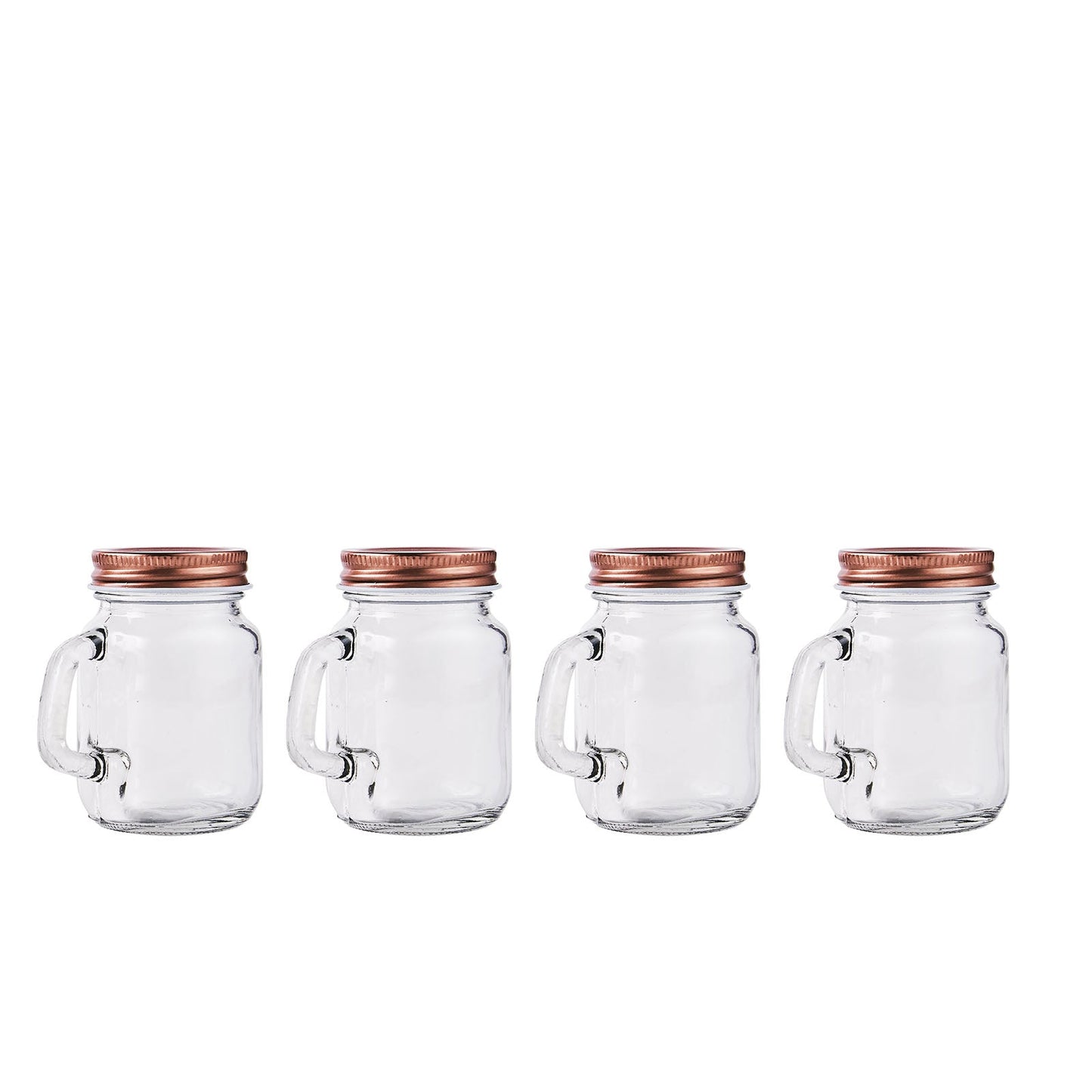Rustic clear glass mason jars with rose gold lids.