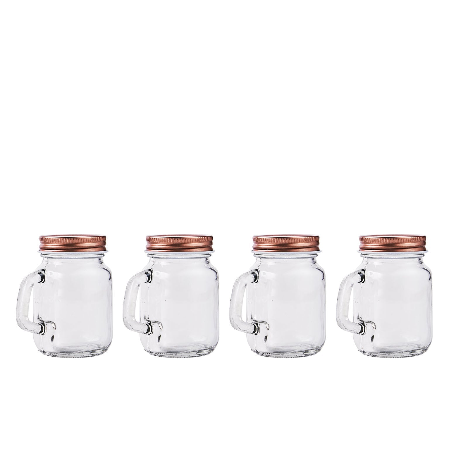 Rustic clear glass mason jars with rose gold lids.