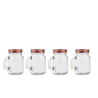 Rustic clear glass mason jars with rose gold lids.
