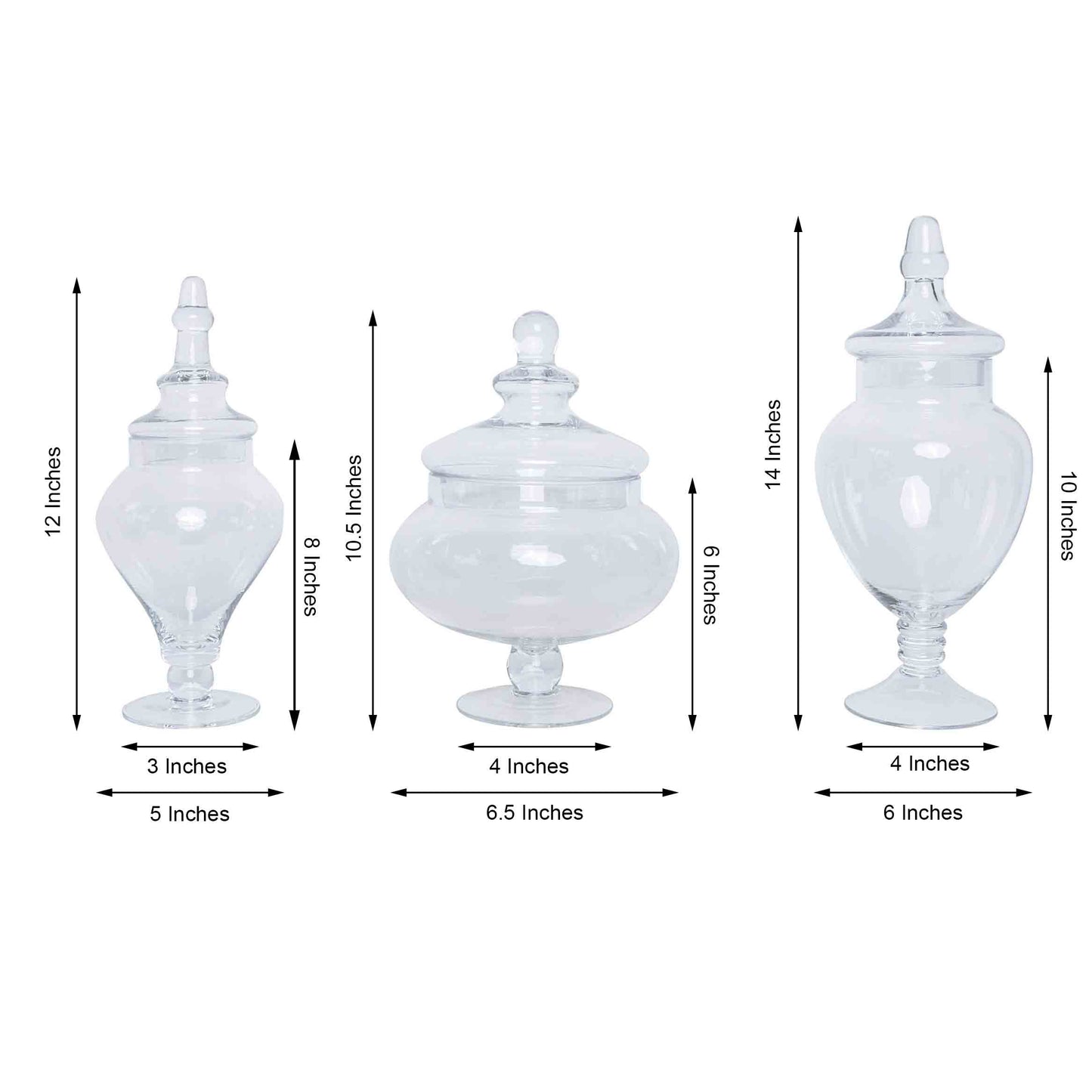 Clear glass pedestal apothecary jars set of 3 with snap-on lids.