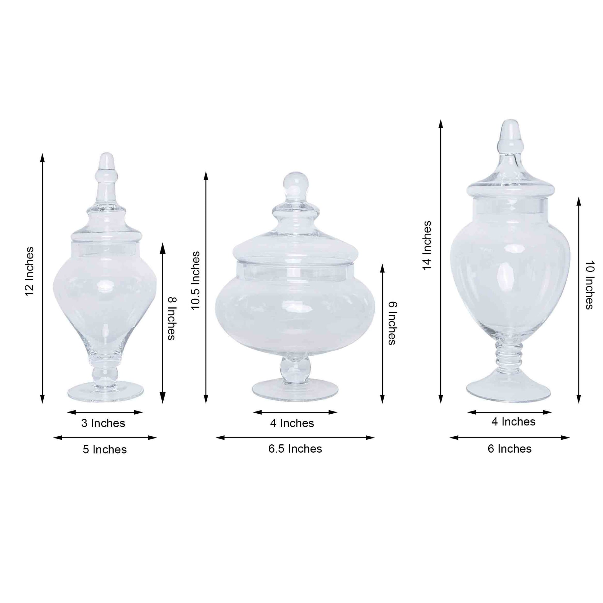 Clear glass pedestal apothecary jars set of 3 with snap-on lids.