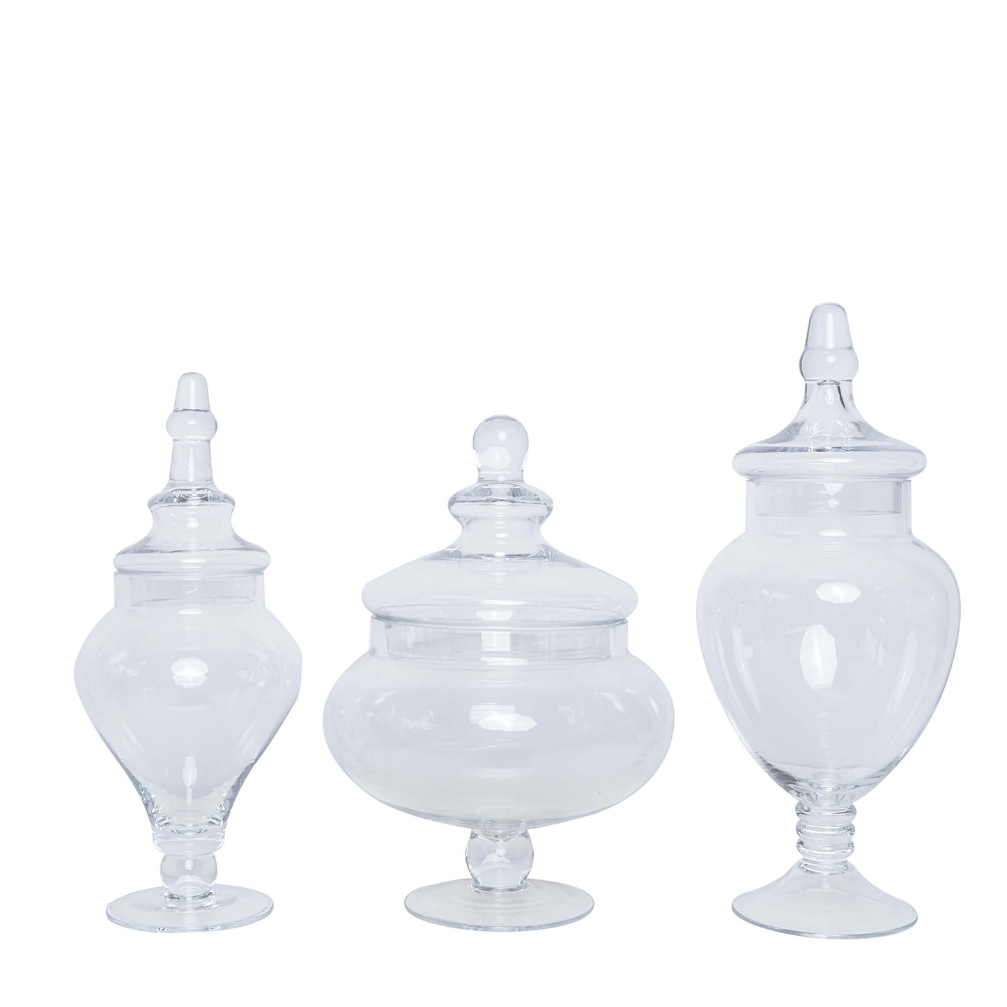Clear glass pedestal apothecary jars set of 3 with snap-on lids.