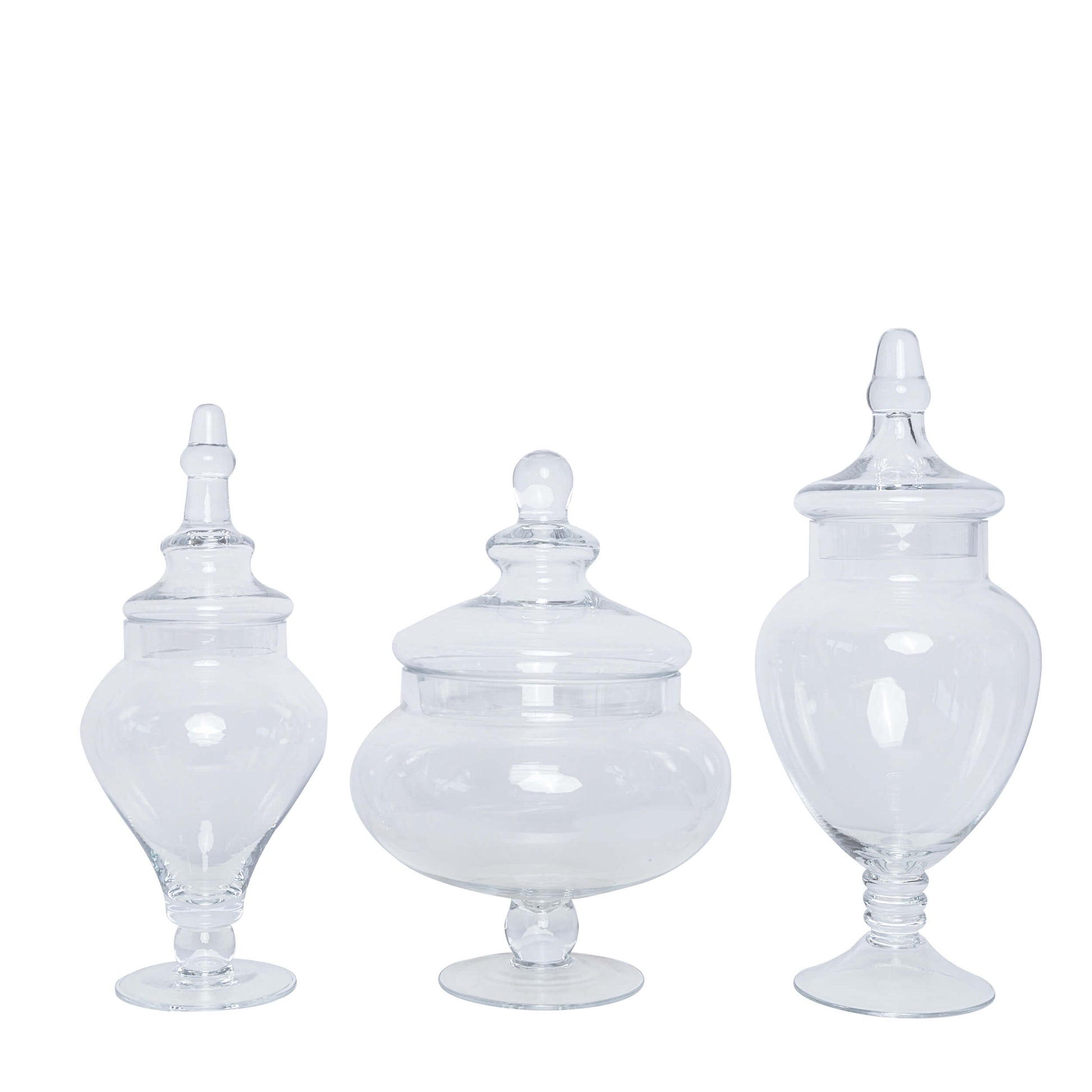 Clear glass pedestal apothecary jars set of 3 with snap-on lids.