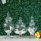 Clear glass pedestal apothecary jars with snap-on lids, ideal for party favors.