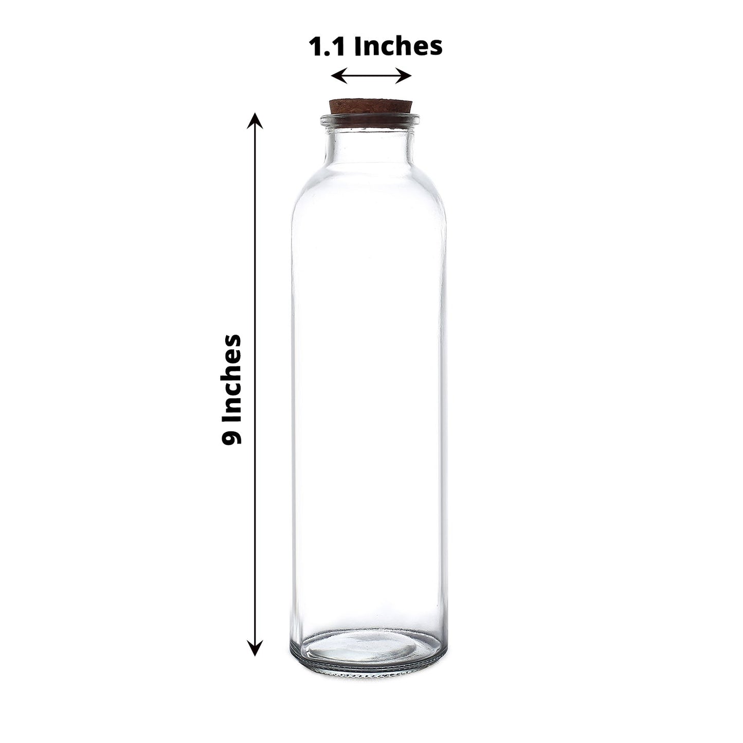 Clear glass storage jar with cork stopper, 16oz, 9 inches tall.