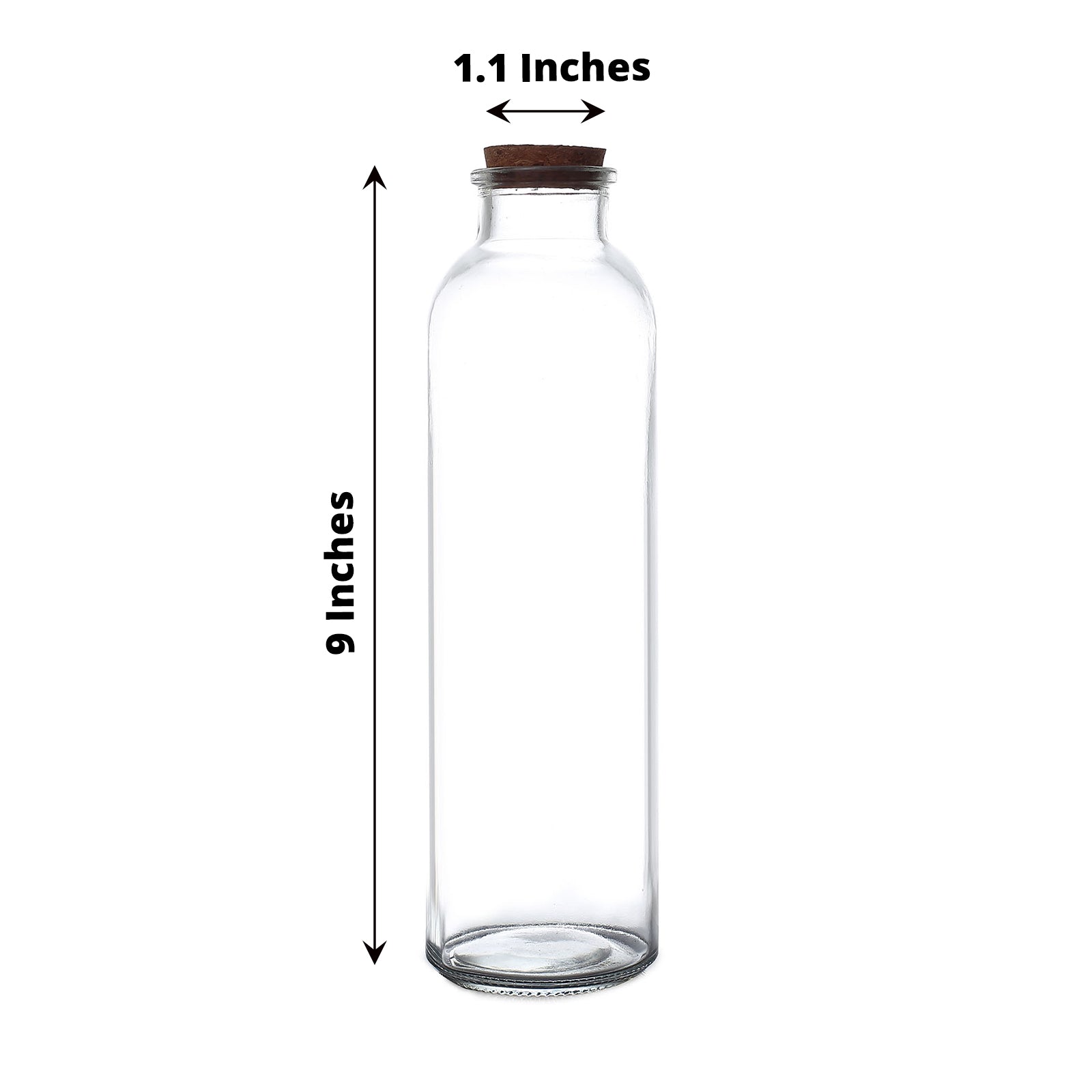 Clear glass storage jar with cork stopper, 16oz, 9 inches tall.