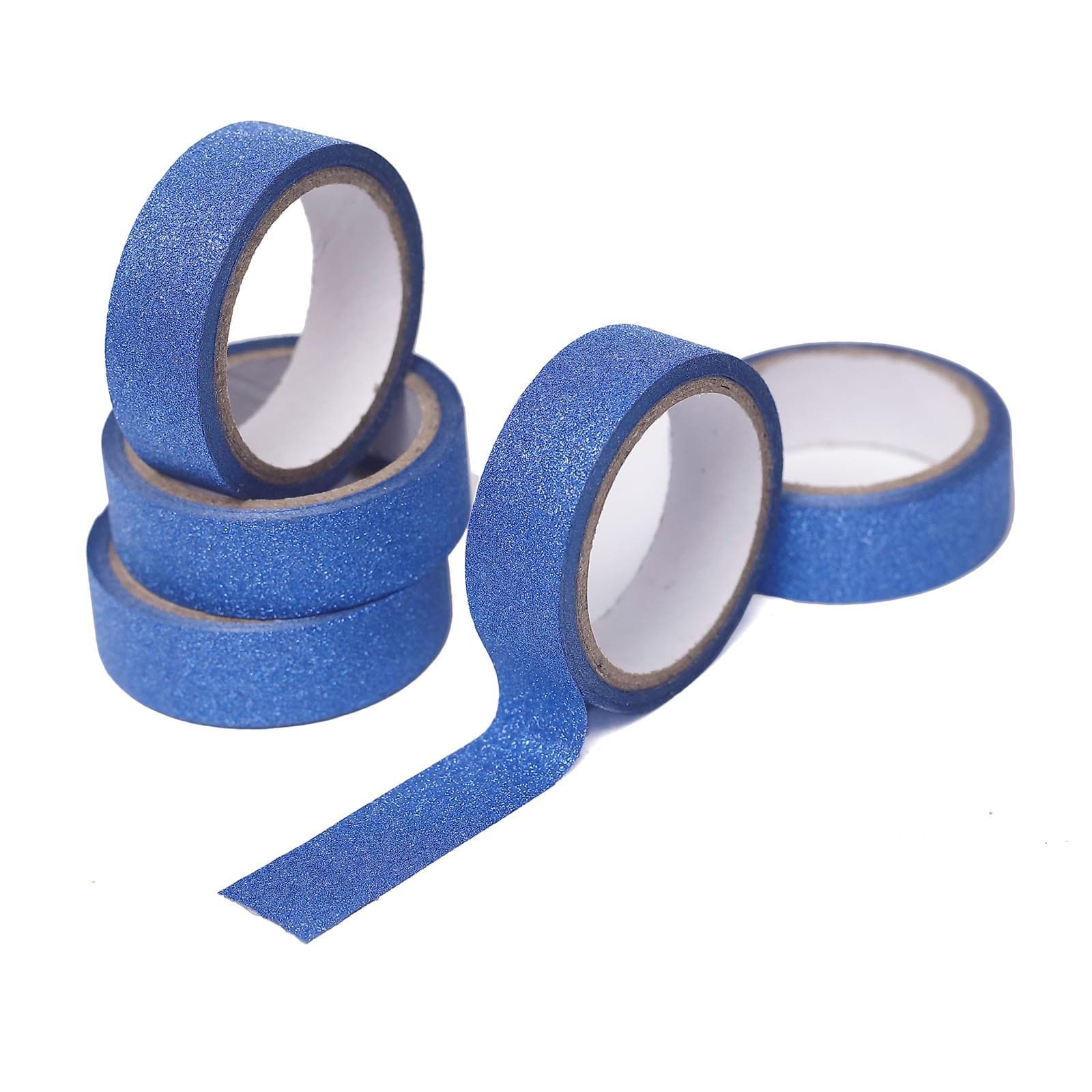 Royal blue glitter washi tape rolls stacked and partially unrolled.